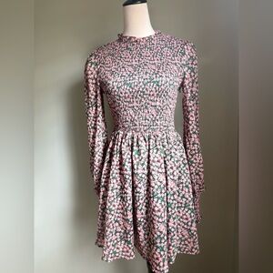 Pink and green smocked long sleeve floral mini dress small boho cottagecore y2k